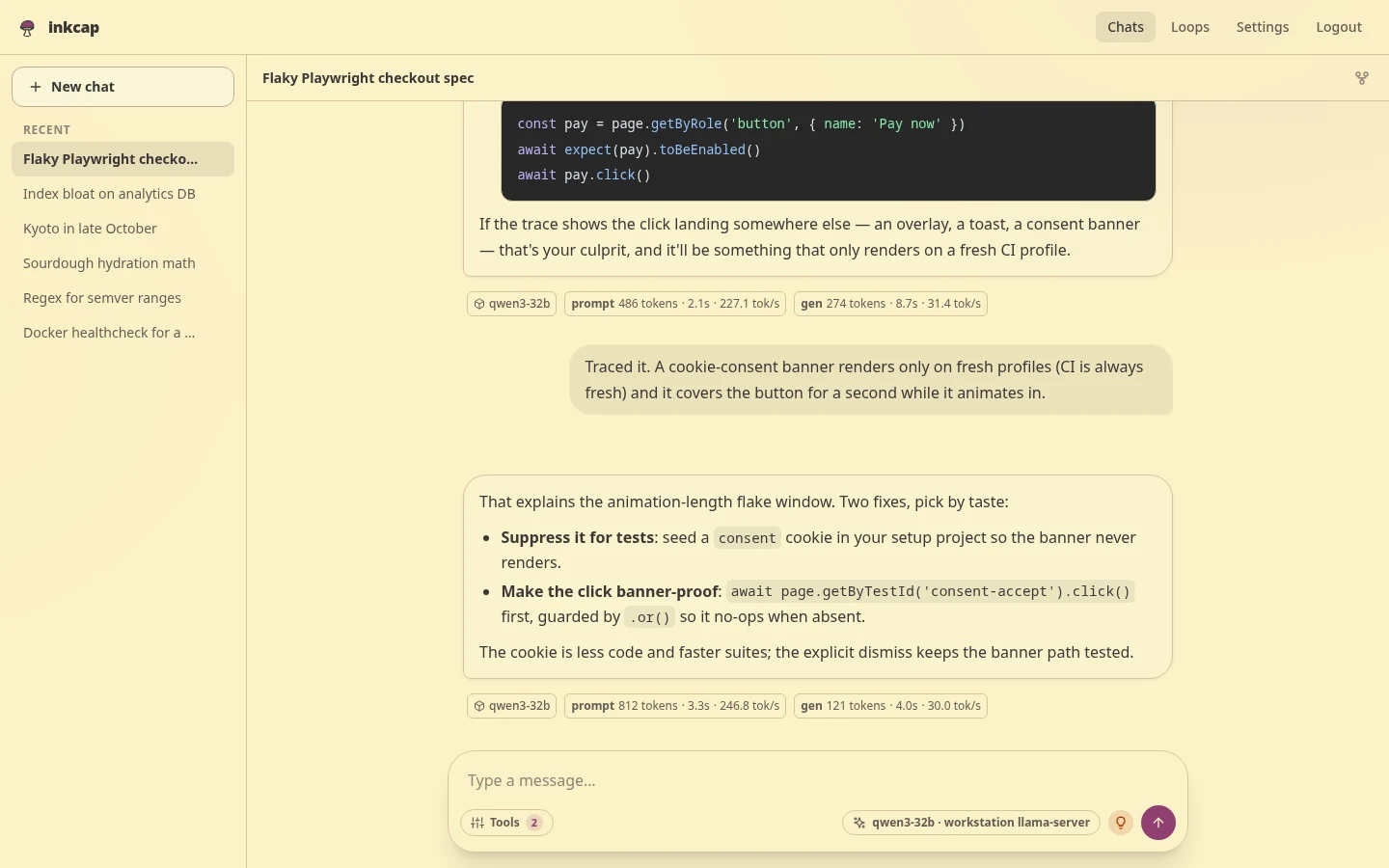 An inkcap conversation with model reasoning, a code answer, token details, MCP tool controls, and a composer