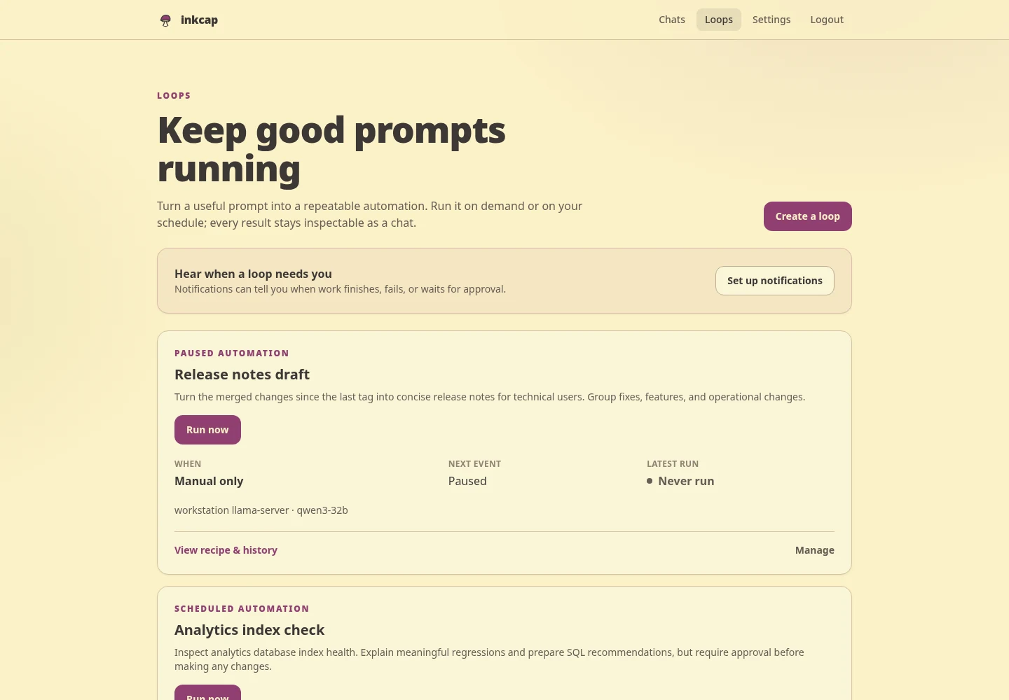 Loops dashboard showing manual and scheduled prompts, their state, and next run