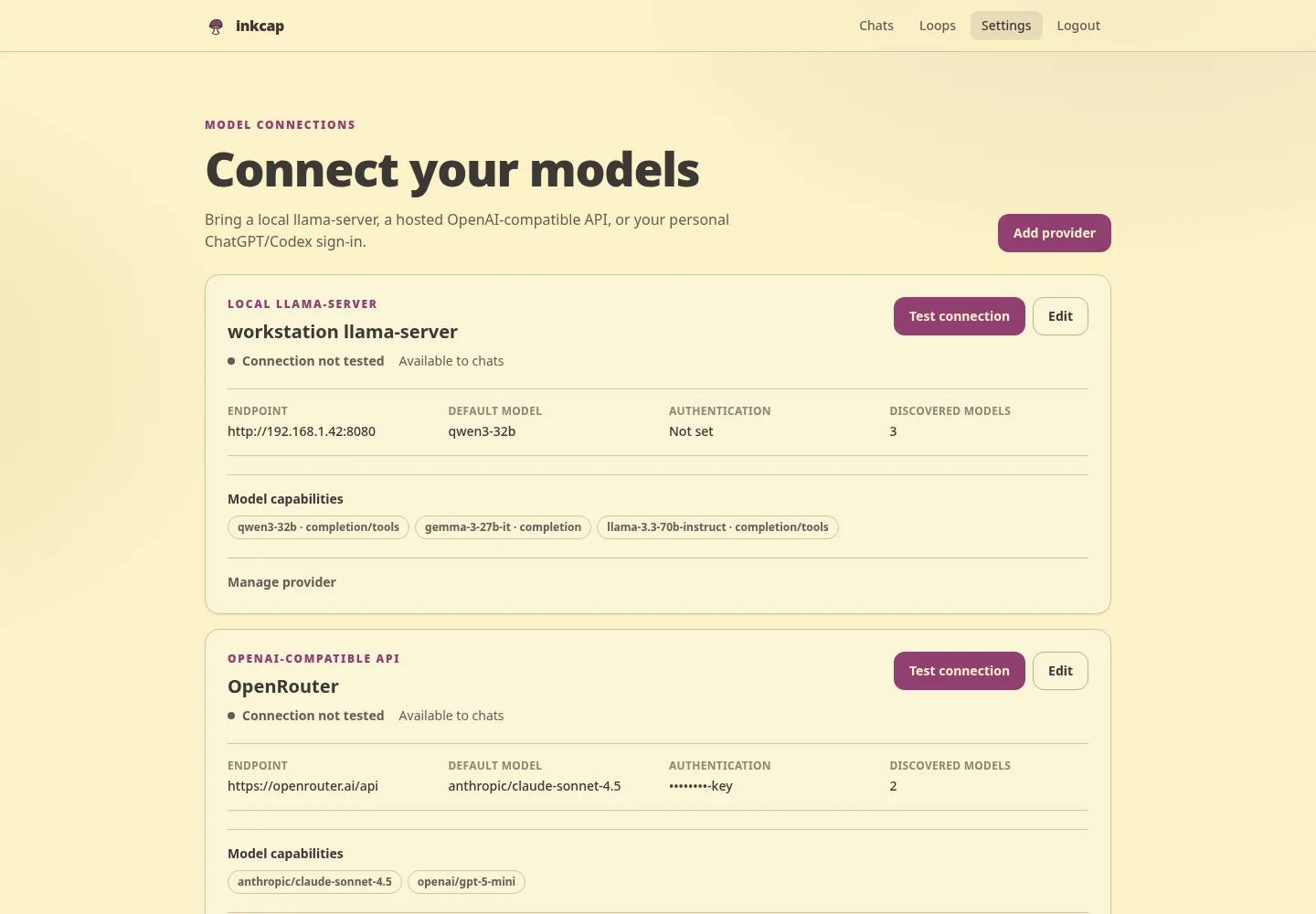 Provider connections showing local and hosted models, health, authentication, and capabilities
